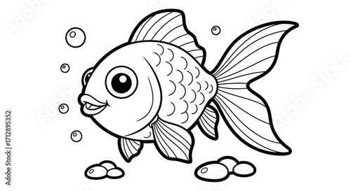 Cartoon goldfish with bubbles and pebbles, outlined in black and white, smiling.