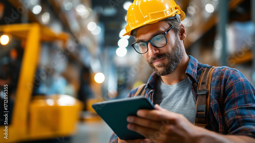 Young Hispanic Male Forklift Operator Using Ruggedized Tablet Computer With Green Screen Display Template While Loading Pallets in Cold Storage Warehouse Facility. Material Handlin