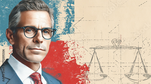 Experienced male attorney on a  modern abstract scales of justice background. Law firm, lawyer, legal graphic for personal injury, medical malpractice or defense law firm website