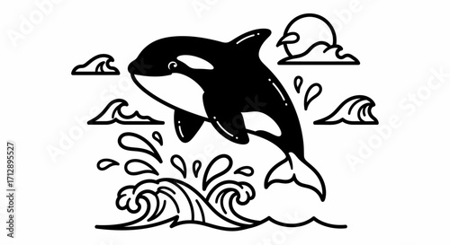 A playful orca leaps from the ocean waves, a stylized illustration.