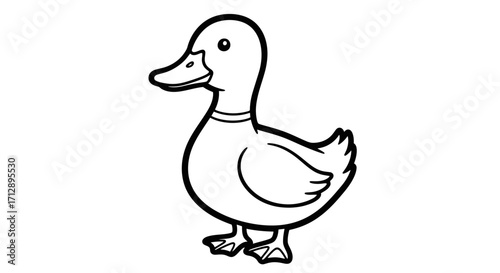 Friendly Cartoon Duck Standing, Isolated White Background, Coloring Book Style