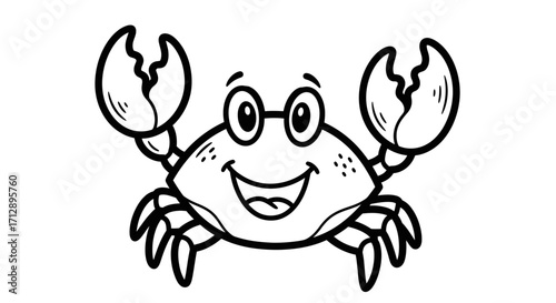 A cartoon crab with glasses is smiling and raising its claws, outlined in black and white.