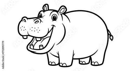 A cartoon hippopotamus with a wide smile, standing and looking forward in a black and white illustration.