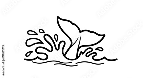 A stylized illustration of a whale tail emerging from water, creating splashes and waves.