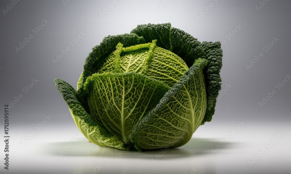 Fototapeta premium Close-up of a vibrant green savoy cabbage, showcasing its deeply veined leaves tightly enfolded
