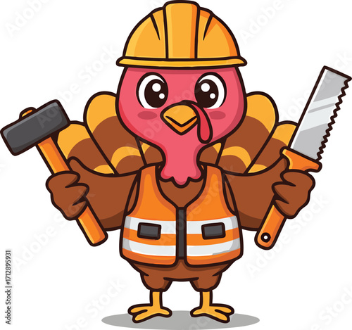 Cartoon Turkey Construction Worker with Hammer and Saw hard hat safety vest