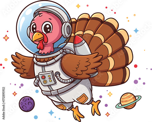 Cartoon Turkey Astronaut Floating in Space with Planets bird animal
