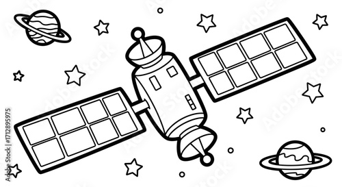 A detailed illustration of a satellite in outer space, surrounded by stars and planets.