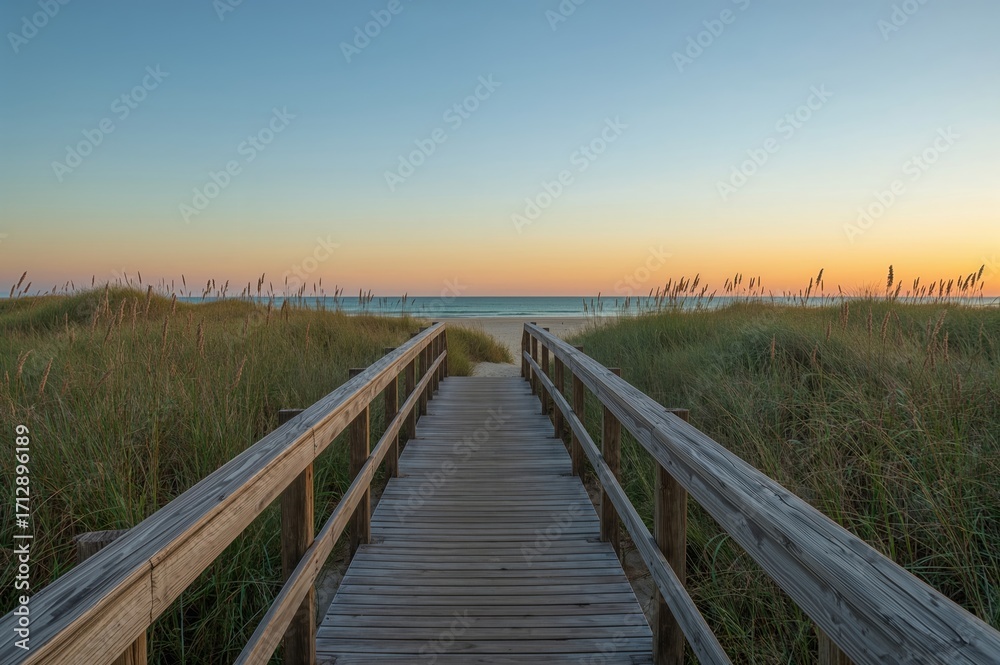Obraz premium Timber trail stretching toward a sandy shore with dunes under a sunset sky