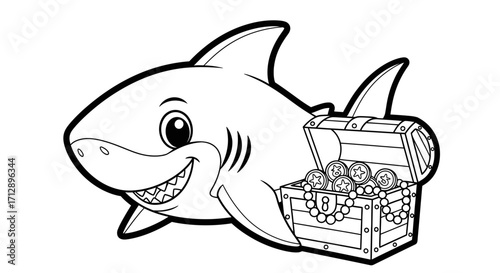 Cartoon illustration of a smiling shark next to an open treasure chest filled with gold coins and pearls.