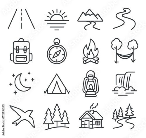 Outdoor adventure icons collection featuring hiking, camping, and nature symbols