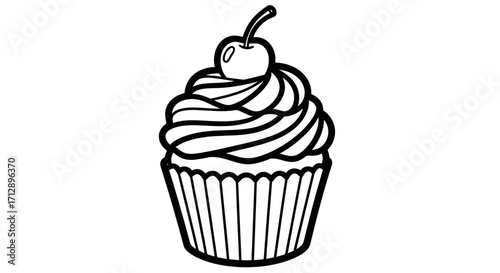 A line art illustration of a cupcake with frosting and a cherry on top.