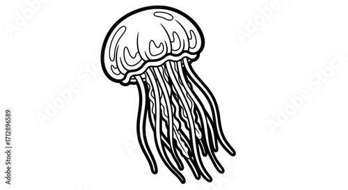 Graceful Cartoon Jellyfish Floating with Dangling Tentacles, Isolated White Background