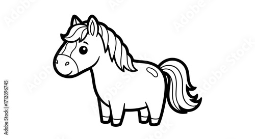 Cute Cartoon Horse Standing with a Friendly and Gentle Expression, Isolated White Background