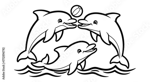 Three dolphins playing with a ball above water, in a black and white line drawing.