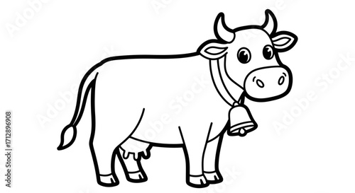 Cute Cartoon Cow Standing with a Bell Around Its Neck, Isolated White Background