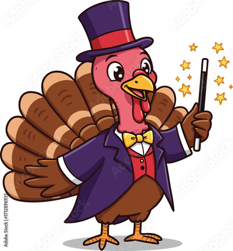 Cartoon Turkey Magician in Tuxedo with Wand and Stars bird animal