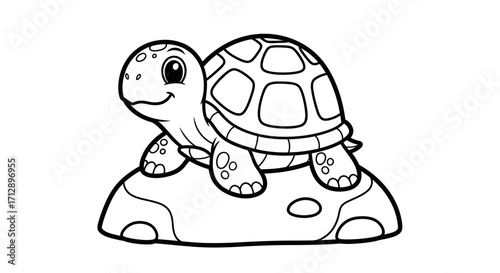 Cute Cartoon Turtle Sitting on a Rock with a Gentle Smile, Isolated White Background