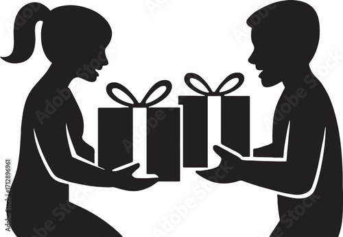 Silhouette of children exchanging gifts giving and receiving presents