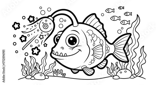 Happy Anglerfish Swimming Underwater with Seaweed and Small Fish, Isolated White Background