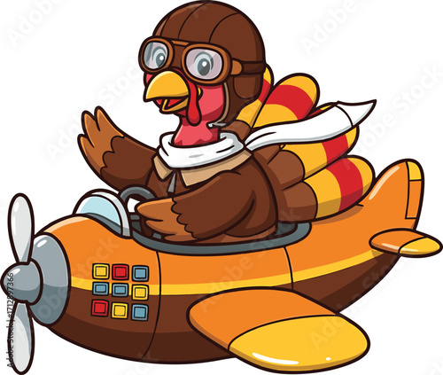 Cartoon Turkey Pilot Flying an Orange Airplane aviation