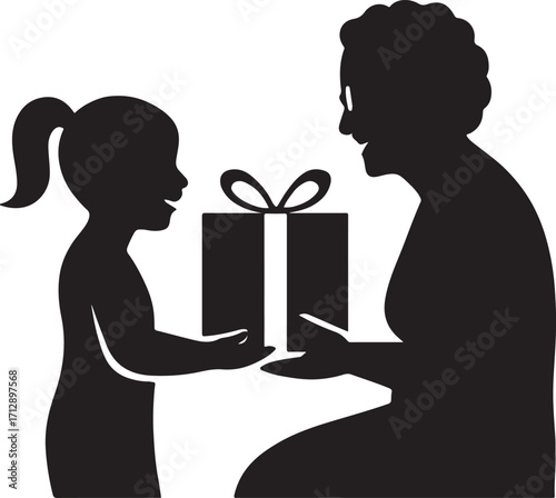 Granddaughter gives her grandmother a gift silhouette illustration