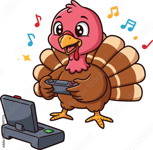 Cartoon turkey playing video games with a controller and console bird animal