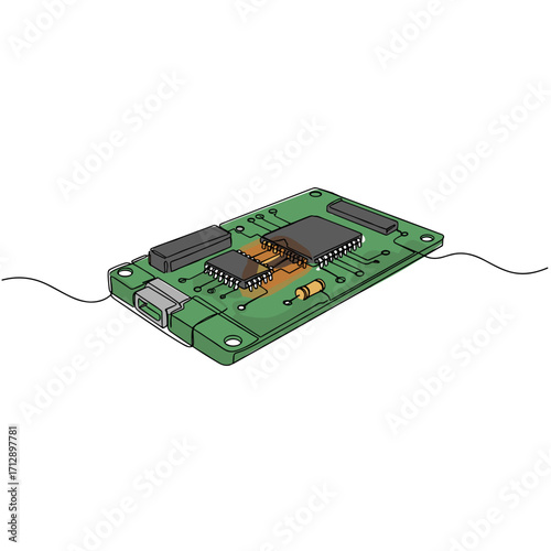 Circuit board with electronic components and wiring in flat design  