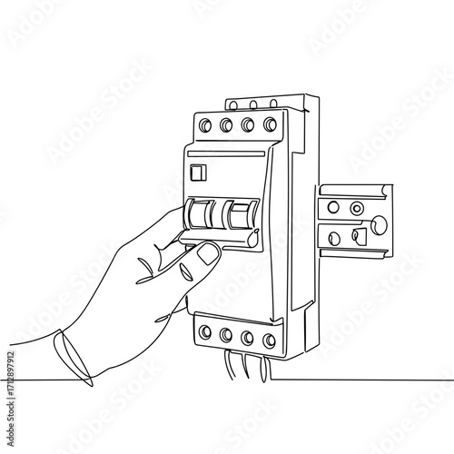 Hand operating a circuit breaker panel with electrical connections  