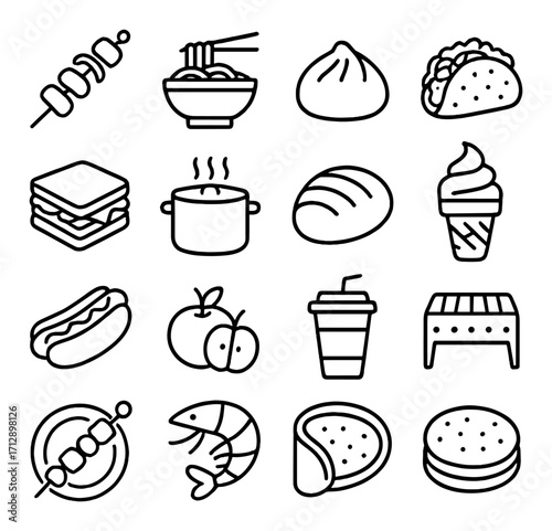 Minimalist food icons collection: noodles, dumpling, taco, sandwich, ice cream