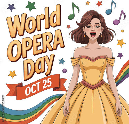 World Opera Day Oct 25 Singer Woman Yellow Dress Music Notes Stars Rainbow Ribbon