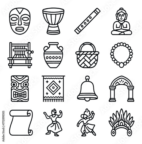 Cultural symbols collection: masks, instruments, statues, and artifacts