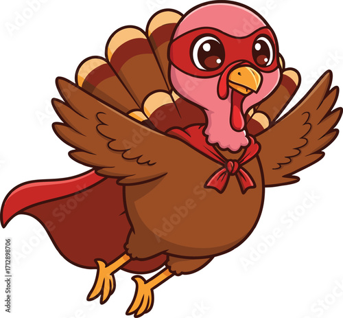 Cartoon Turkey Superhero Flying with Red Cape and Mask on White Background character bird
