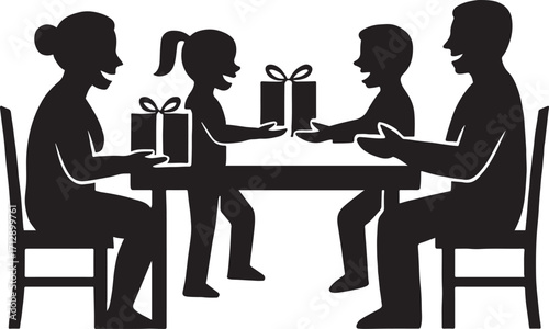 Family exchanging gifts illustration black silhouette celebrating event