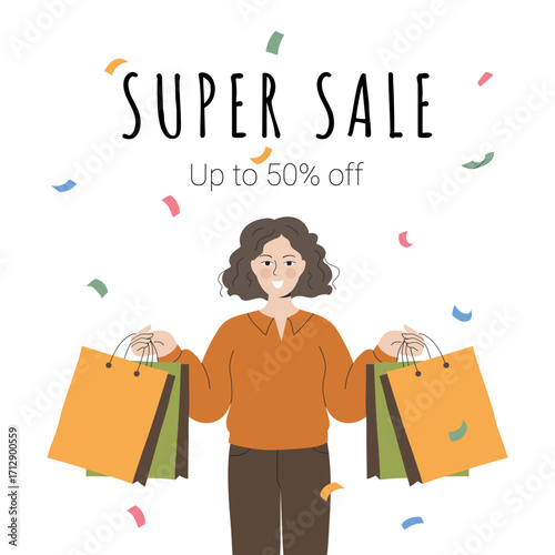 Hand drawn Super Sale illustration with joyful girl with shopping bags, celebrating shopping discounts. Perfect for promotional materials and retail advertising.