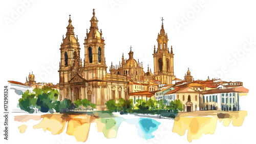Cathedral of Santiago de Compostela. Cathedral of Santiago de Compostela watercolor vector illustration