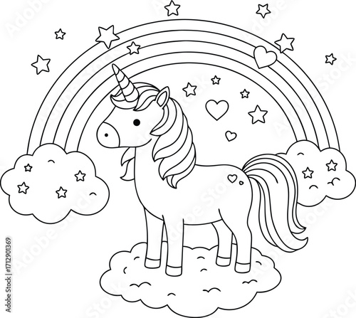 Cute Unicorn Standing on Cloud Under Rainbow and Stars Coloring Page horse mythical creature