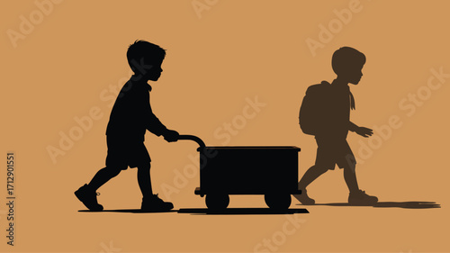 Silhouette of children walking, one pulling a wagon, heading to school with backpack, back to school