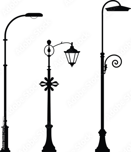 Street lamp silhouettes, modern and vintage styles, urban lighting design, black and white illustration, outdoor decor, architectural inspiration, city elements