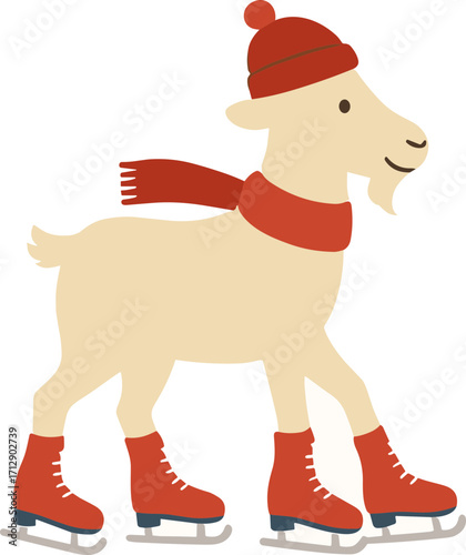 cartoon goat wearing a red hat, scarf, and ice skates, happily skating on the ice.