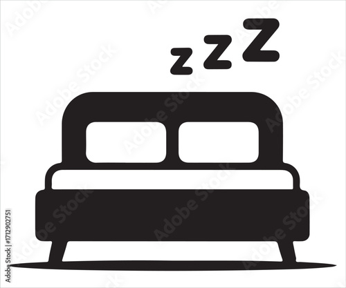 Black silhouette of bed with pillows and sleep symbol vector icon isolated on white