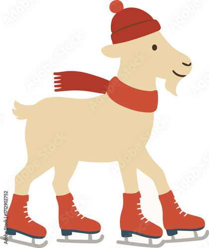 cartoon goat wearing a red hat, scarf, and ice skates, happily skating on the ice.