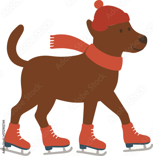 dog wearing a red winter hat, scarf, and ice skates, happily skating on the ice.