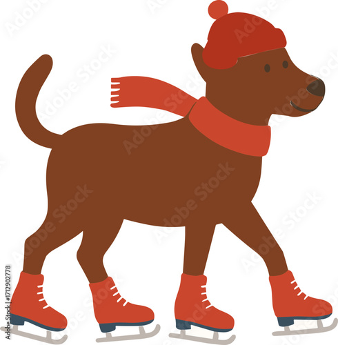 dog wearing a red winter hat, scarf, and ice skates, happily skating on the ice.