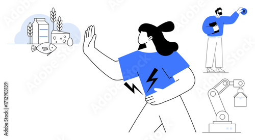 Central figure refusing fish, cheese, and milk with one hand nearby icons feature agriculture, robotics, and laboratory research. Ideal for health concerns, diet, sustainability, rejection