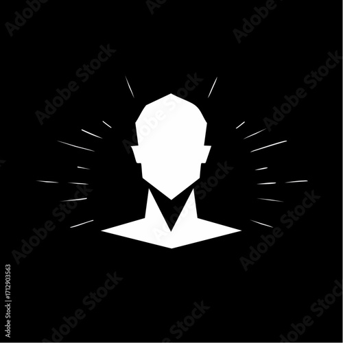 A stylized, geometric white silhouette of a human head and shoulders emanates radiating lines against a stark black background, suggesting thought or inspiration.