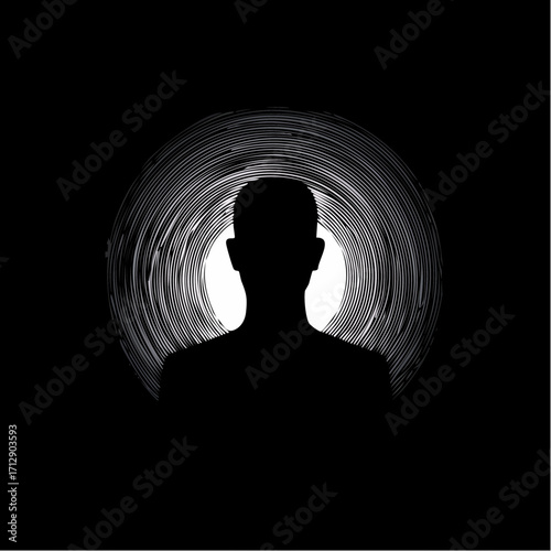 Silhouette of a person's head and shoulders emerging from a swirling vortex of light against a dark background, suggesting a journey or transition.