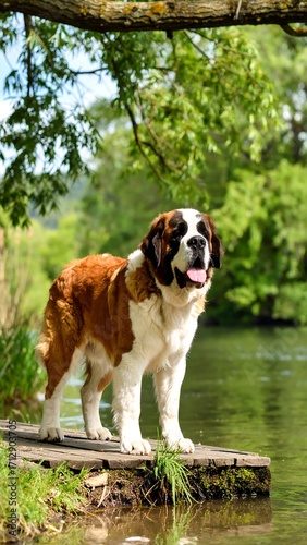 Saint Bernard dog on a wooden dock by a river (1)