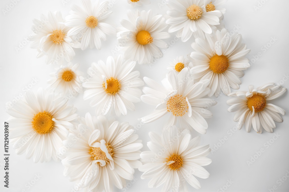 Fototapeta premium White chamomile flowers against a pale background. Seasonal summer petals.