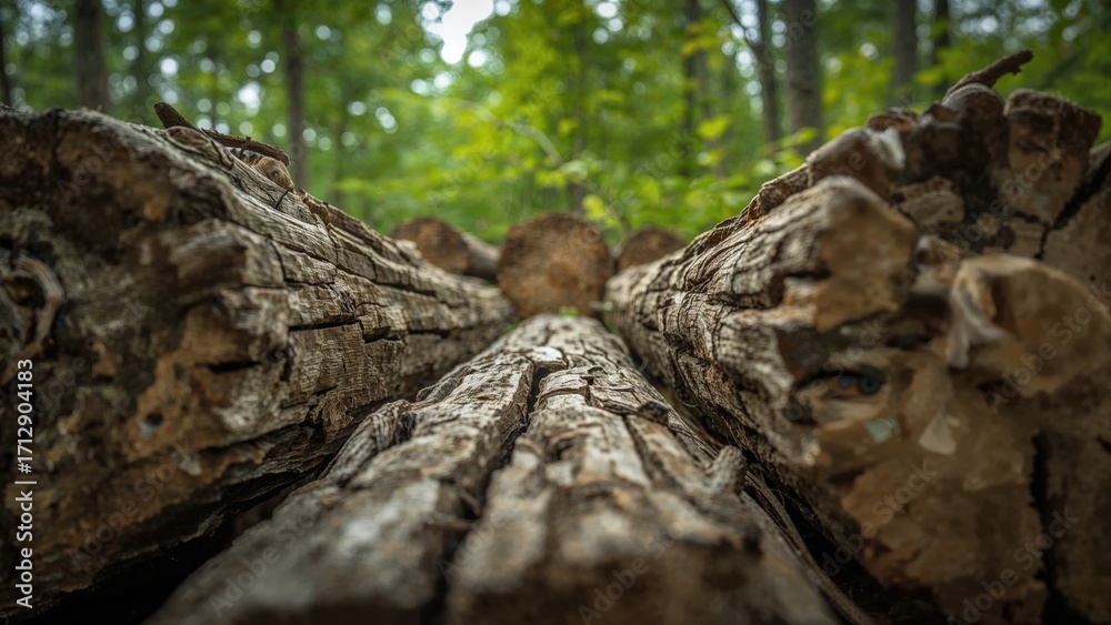 Fototapeta premium Macro shot of timber logs with green spring forest backdrop